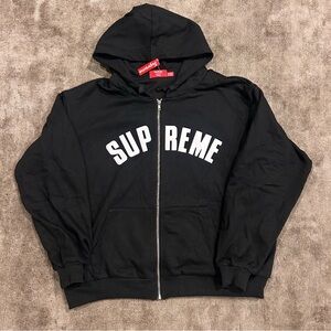 Supreme Black Zip-Up Hoodie with White Logo Send Offers